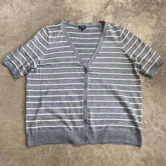 Talbots Sweater Womens 1X Cardigan Shimmer Striped Short Sleeve Button Stretch - Picture 1 of 9